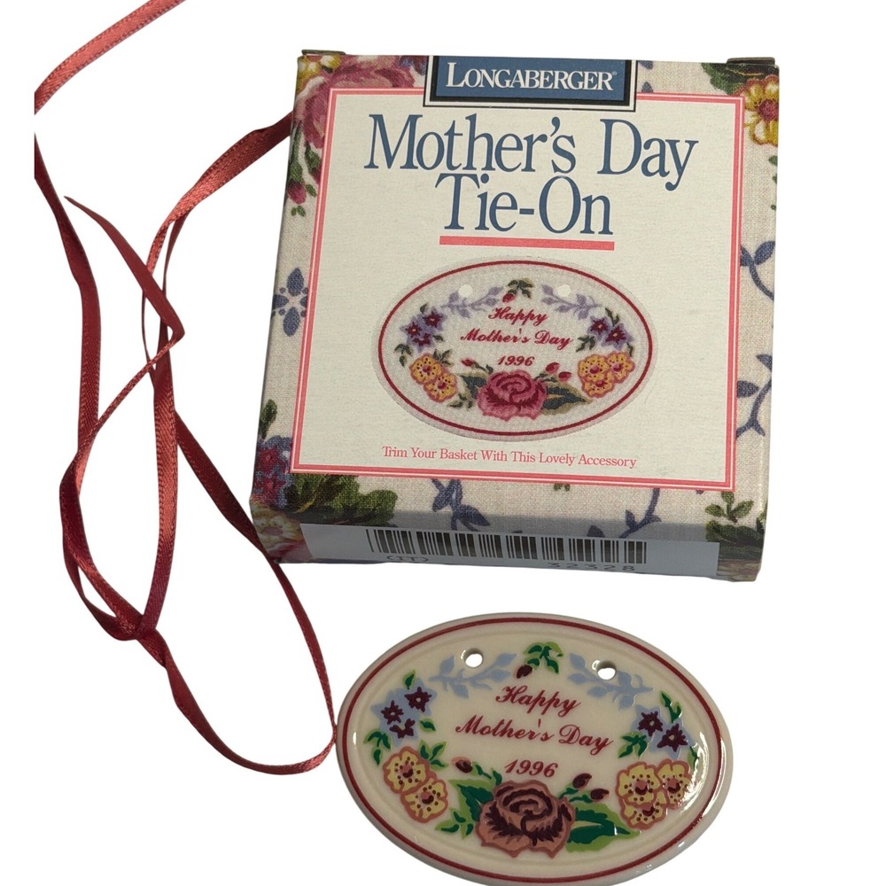 VTG Longaberger Mother's Day Tie-On 1996 Ceramic Basket Charm Floral White‎ NIB